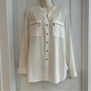 Calvin Klein white dress blouse with gold zip detail size L